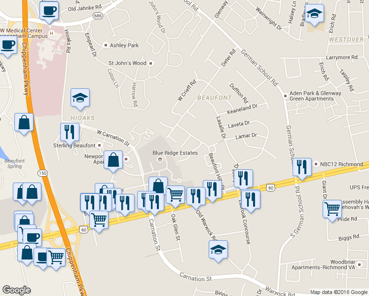 map of restaurants, bars, coffee shops, grocery stores, and more near 6213 Beaufont Hills Court in Richmond