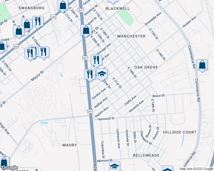 map of restaurants, bars, coffee shops, grocery stores, and more near 2201 Gordon Avenue in Richmond
