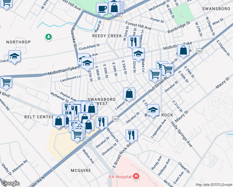 map of restaurants, bars, coffee shops, grocery stores, and more near 228 East 35th Street in Richmond