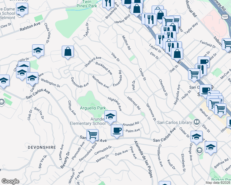 map of restaurants, bars, coffee shops, grocery stores, and more near 58 Northam Avenue in San Carlos