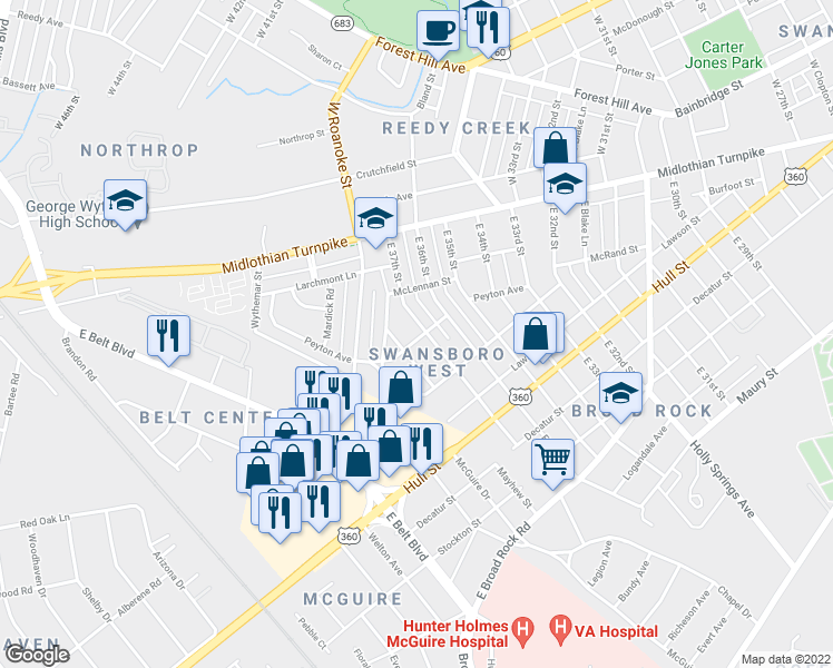map of restaurants, bars, coffee shops, grocery stores, and more near 113 East 37th Street in Richmond