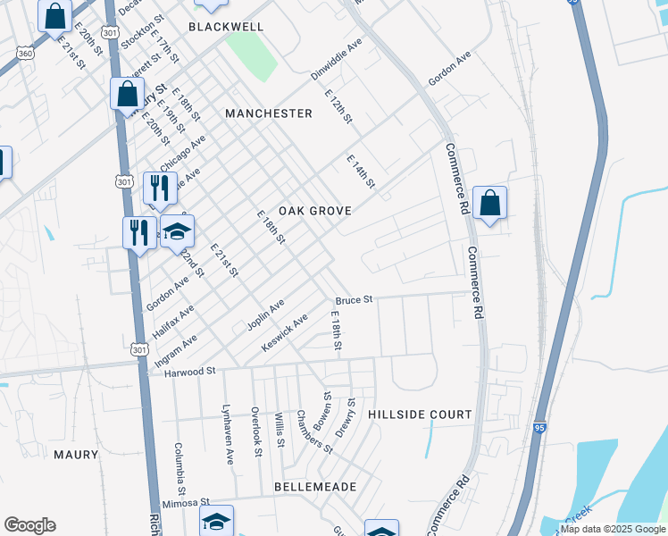 map of restaurants, bars, coffee shops, grocery stores, and more near 1402 Lenmore Street in Richmond