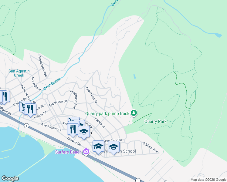 map of restaurants, bars, coffee shops, grocery stores, and more near San Pedro Road in Half Moon Bay