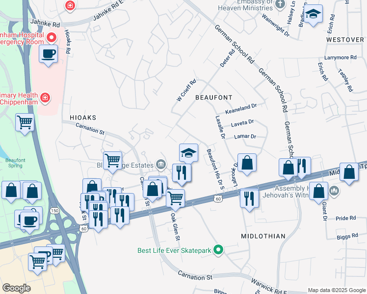 map of restaurants, bars, coffee shops, grocery stores, and more near 6213 Beaufont Hills Court in Richmond