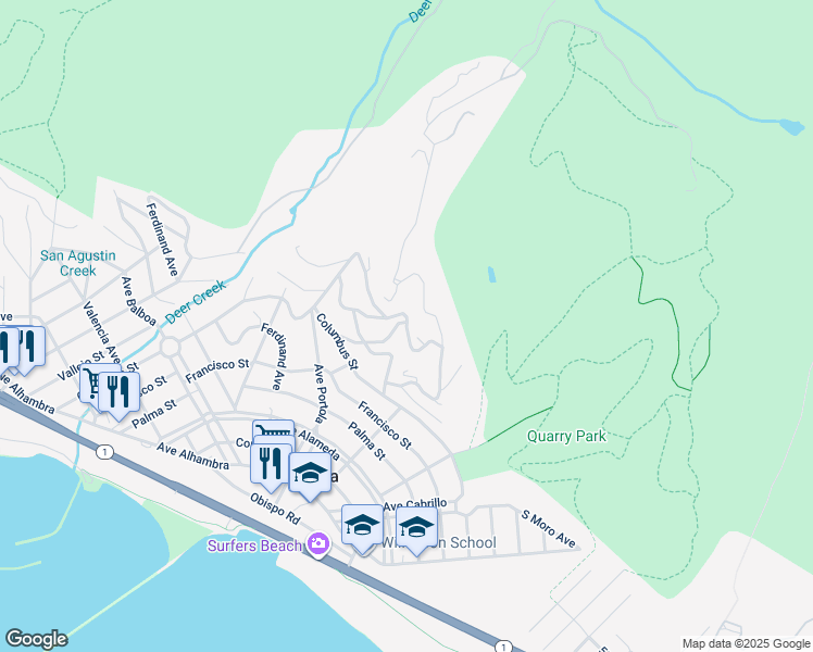 map of restaurants, bars, coffee shops, grocery stores, and more near San Pedro Road in Half Moon Bay