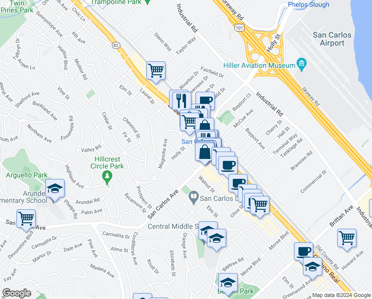 map of restaurants, bars, coffee shops, grocery stores, and more near 1290 Holly Street in San Carlos