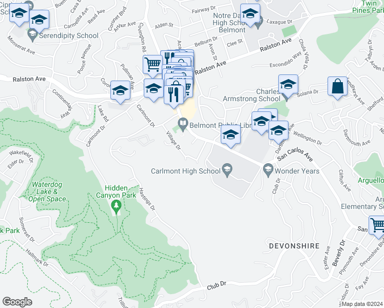 map of restaurants, bars, coffee shops, grocery stores, and more near 2120 Valerga Drive in Belmont