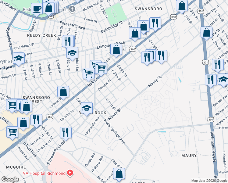 map of restaurants, bars, coffee shops, grocery stores, and more near 3000 Playn Street in Richmond