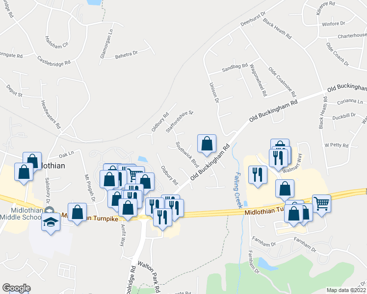 map of restaurants, bars, coffee shops, grocery stores, and more near 1207 Southwick Boulevard in Midlothian