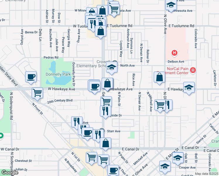 map of restaurants, bars, coffee shops, grocery stores, and more near 1606 Geer Road in Turlock
