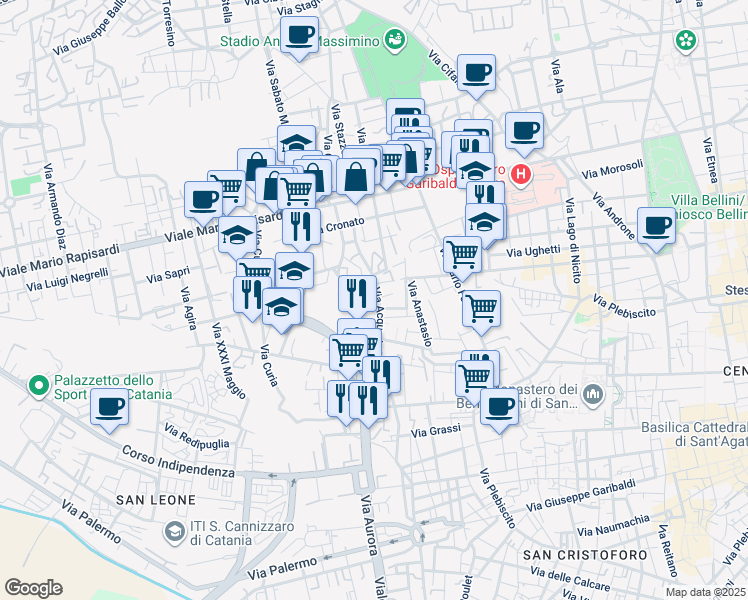 map of restaurants, bars, coffee shops, grocery stores, and more near 219 Via Acquedotto Greco in Catania