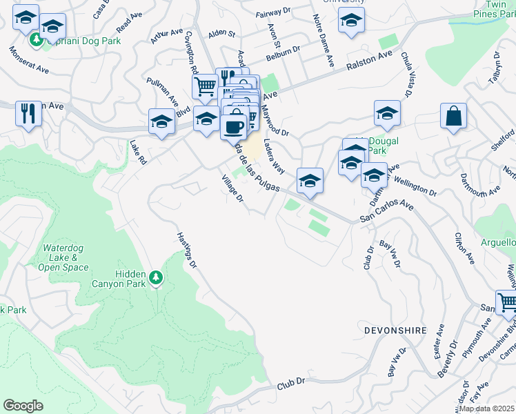 map of restaurants, bars, coffee shops, grocery stores, and more near 1205 Geraldine Way in Belmont