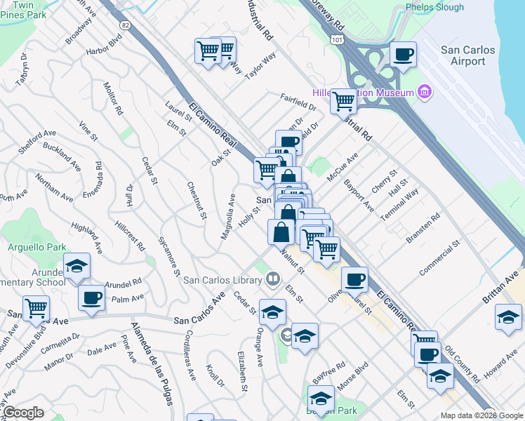 map of restaurants, bars, coffee shops, grocery stores, and more near 1235 Holly Street in San Carlos