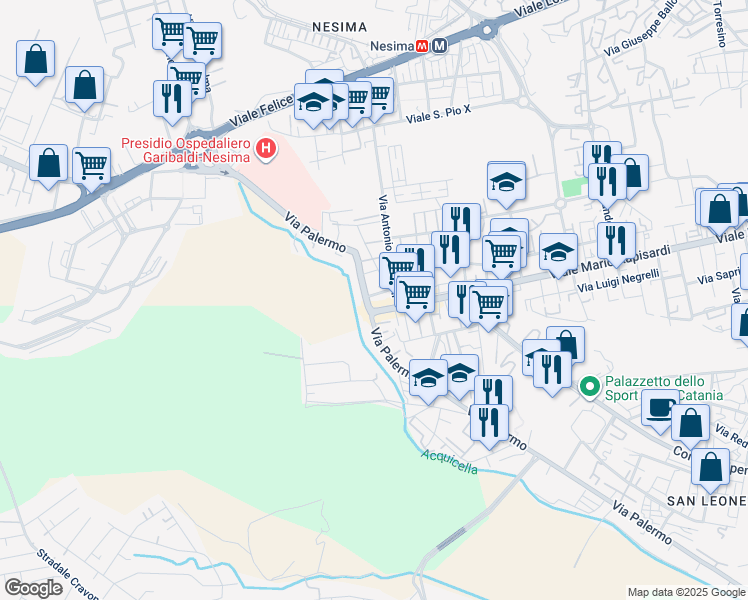 map of restaurants, bars, coffee shops, grocery stores, and more near 1948 Piazza Guglielmo Marconi in Catania