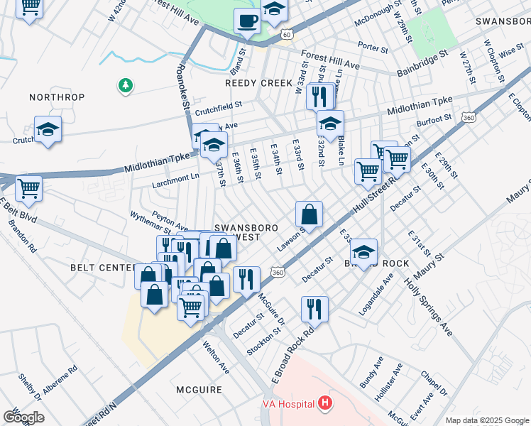 map of restaurants, bars, coffee shops, grocery stores, and more near 225 East 36th Street in Richmond