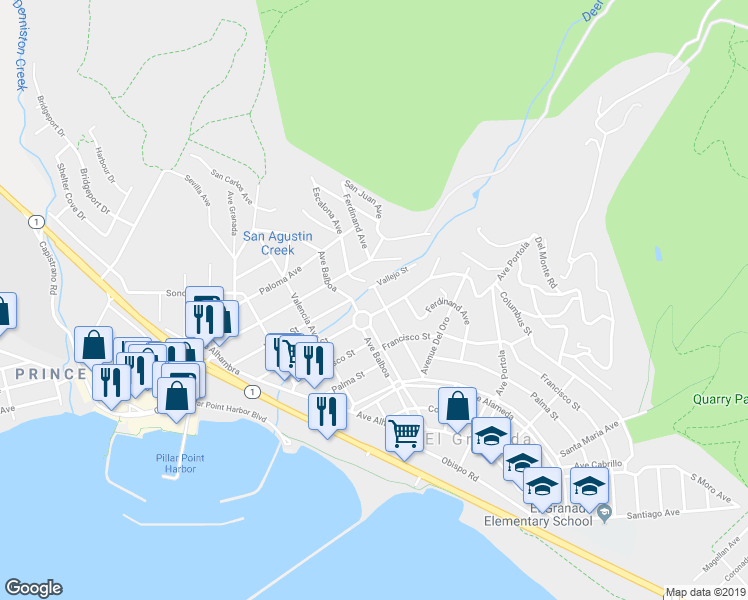 map of restaurants, bars, coffee shops, grocery stores, and more near 421 San Carlos Avenue in Half Moon Bay