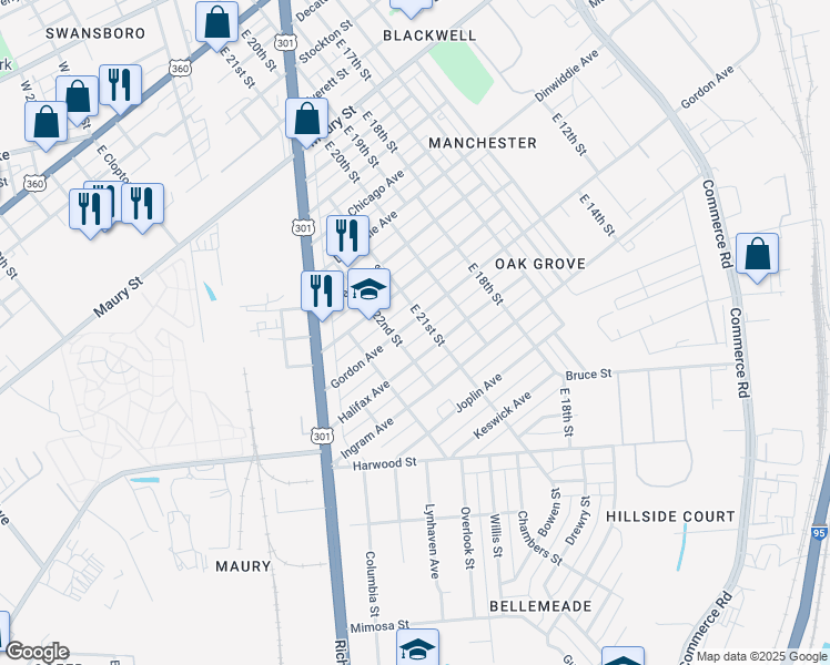map of restaurants, bars, coffee shops, grocery stores, and more near 2108 Gordon Avenue in Richmond
