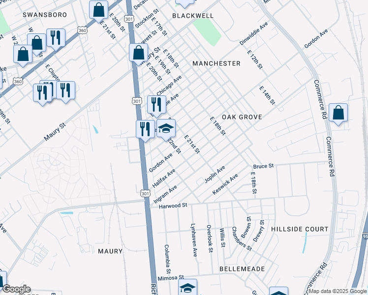 map of restaurants, bars, coffee shops, grocery stores, and more near 2110 Gordon Avenue in Richmond