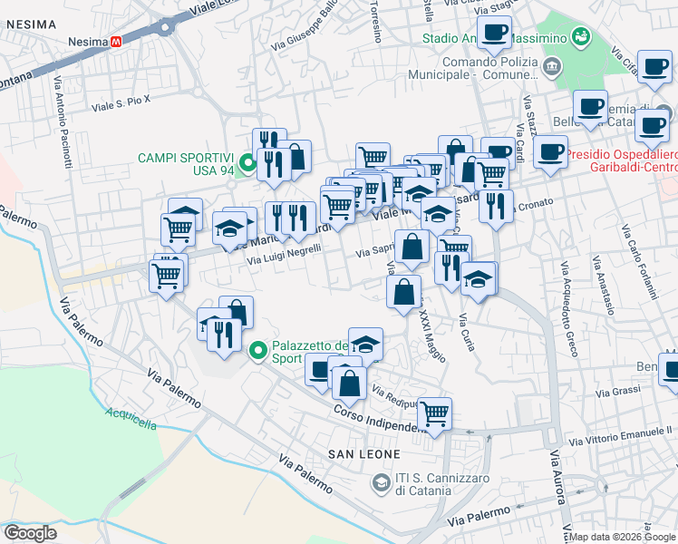 map of restaurants, bars, coffee shops, grocery stores, and more near 5 Via Enrico Toti in Catania