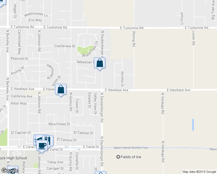 map of restaurants, bars, coffee shops, grocery stores, and more near 2831 East Hawkeye Avenue in Turlock