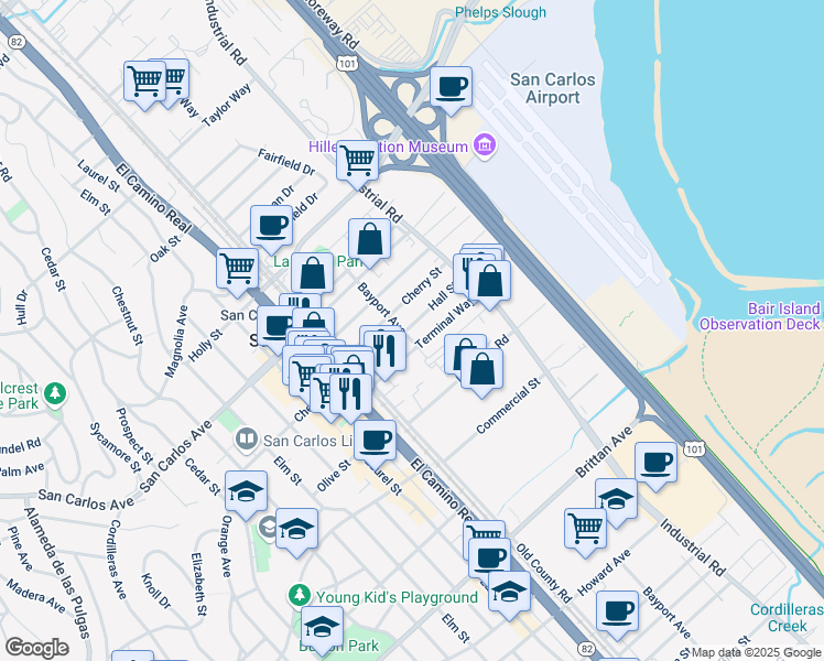 map of restaurants, bars, coffee shops, grocery stores, and more near 751 Bayport Avenue in San Carlos
