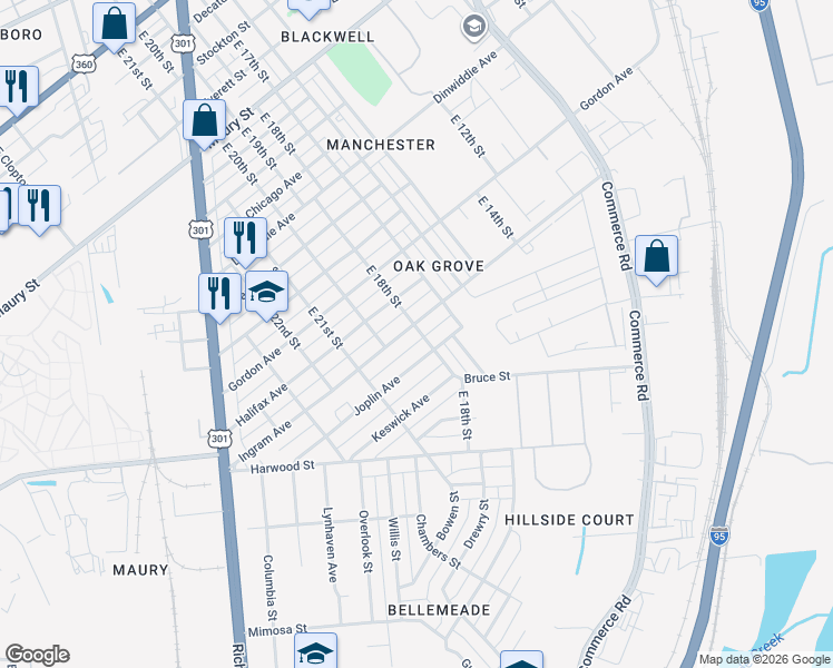 map of restaurants, bars, coffee shops, grocery stores, and more near 1711 Joplin Avenue in Richmond
