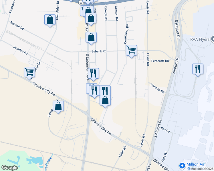 map of restaurants, bars, coffee shops, grocery stores, and more near 5512 Coxson Road in Richmond