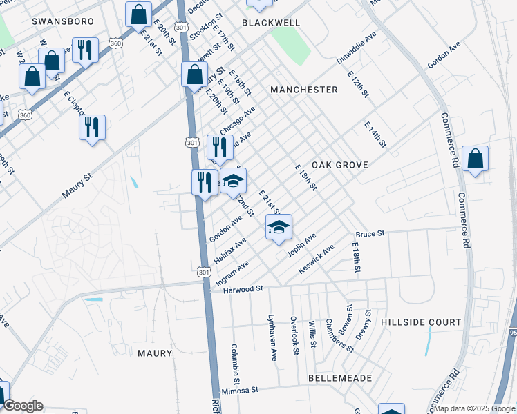 map of restaurants, bars, coffee shops, grocery stores, and more near 2110 Gordon Avenue in Richmond