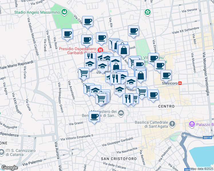 map of restaurants, bars, coffee shops, grocery stores, and more near 18 Via Petriera in Catania