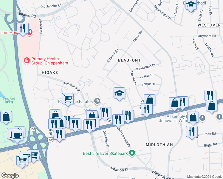map of restaurants, bars, coffee shops, grocery stores, and more near 6211 Beaufont Hills Court in Richmond