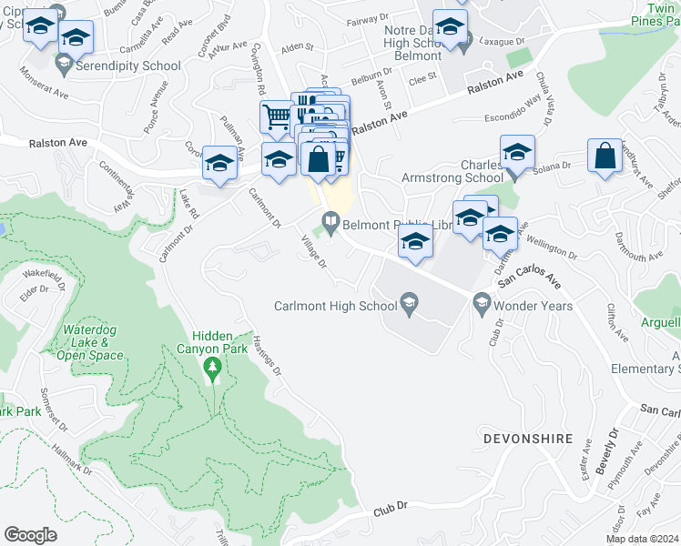 map of restaurants, bars, coffee shops, grocery stores, and more near 2120 Valerga Drive in Belmont