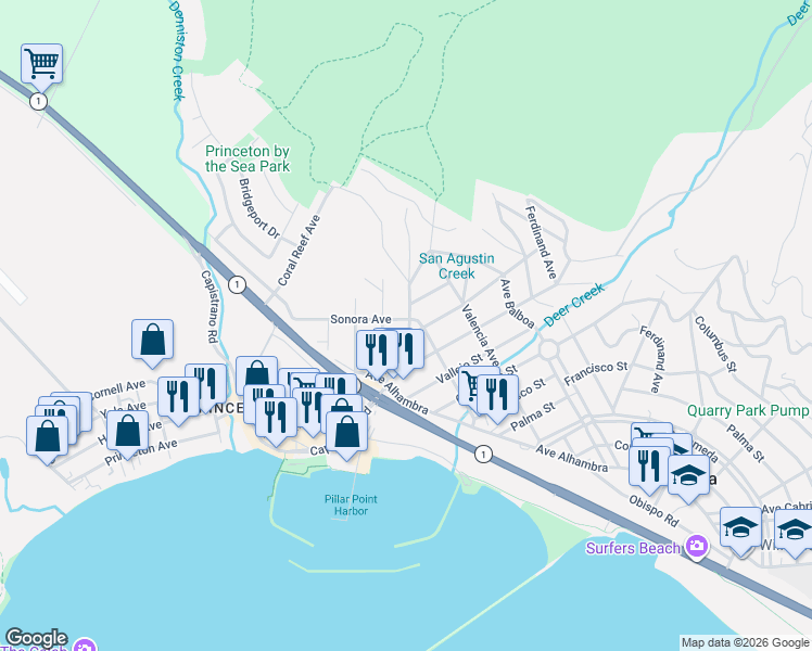 map of restaurants, bars, coffee shops, grocery stores, and more near 440 Sonora Avenue in Half Moon Bay