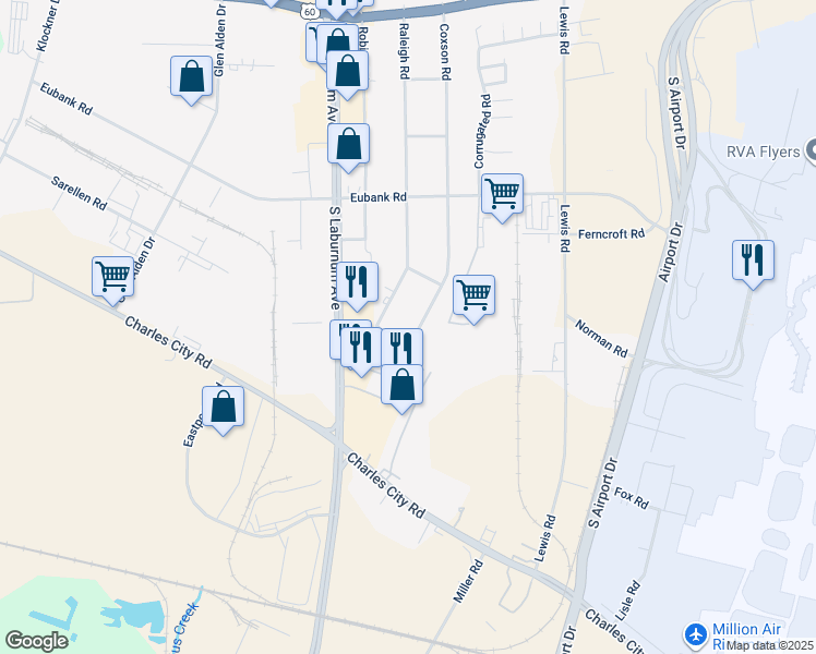 map of restaurants, bars, coffee shops, grocery stores, and more near 5512 Coxson Road in Richmond