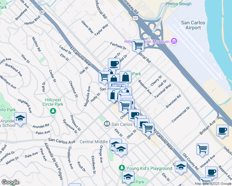 map of restaurants, bars, coffee shops, grocery stores, and more near in San Carlos