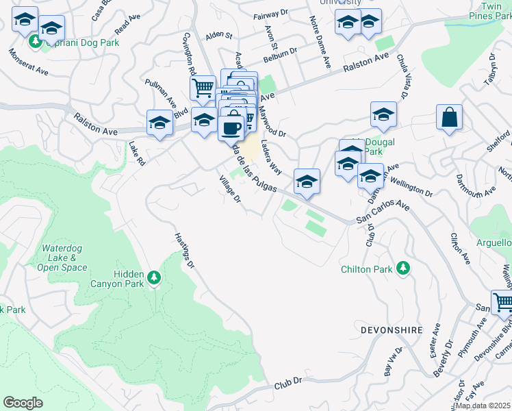 map of restaurants, bars, coffee shops, grocery stores, and more near 2120 Valerga Drive in Belmont