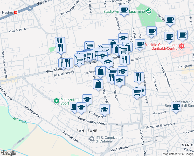 map of restaurants, bars, coffee shops, grocery stores, and more near 4-8 Via Pietro Maroncelli in Catania