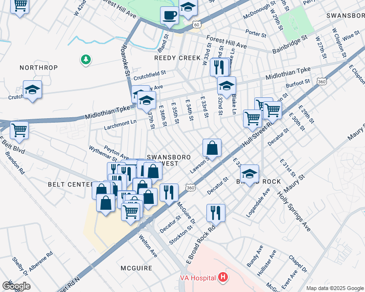 map of restaurants, bars, coffee shops, grocery stores, and more near 225 East 36th Street in Richmond
