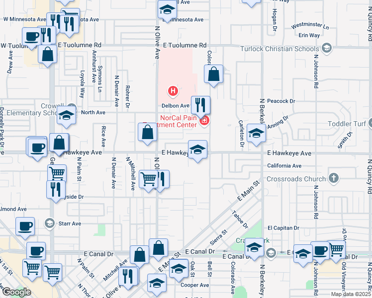 map of restaurants, bars, coffee shops, grocery stores, and more near 1001 East Hawkeye Avenue in Turlock