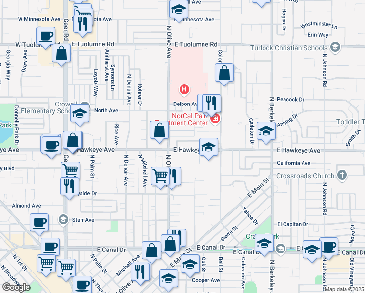 map of restaurants, bars, coffee shops, grocery stores, and more near 861 East Hawkeye Avenue in Turlock