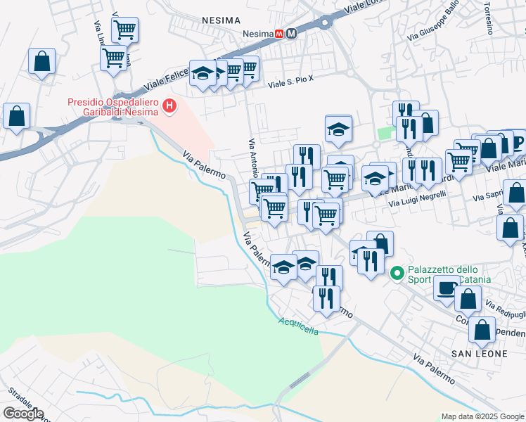 map of restaurants, bars, coffee shops, grocery stores, and more near 6 Via Antonio Pacinotti in Catania