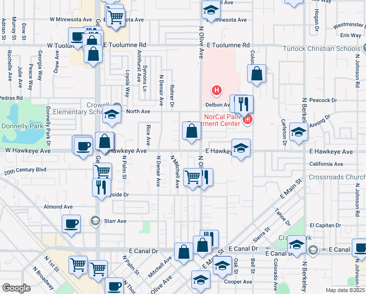 map of restaurants, bars, coffee shops, grocery stores, and more near 585 East Hawkeye Avenue in Turlock