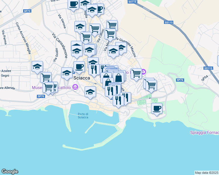 map of restaurants, bars, coffee shops, grocery stores, and more near 9 Piazza Giacomo Matteotti in Sciacca