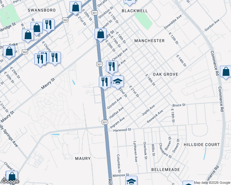 map of restaurants, bars, coffee shops, grocery stores, and more near 2207 Gordon Avenue in Richmond