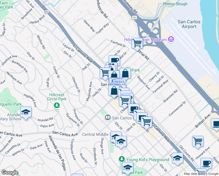 map of restaurants, bars, coffee shops, grocery stores, and more near 533 Laurel Street in San Carlos