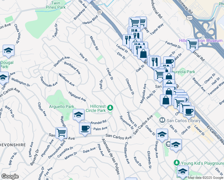 map of restaurants, bars, coffee shops, grocery stores, and more near 263 Vine Street in San Carlos