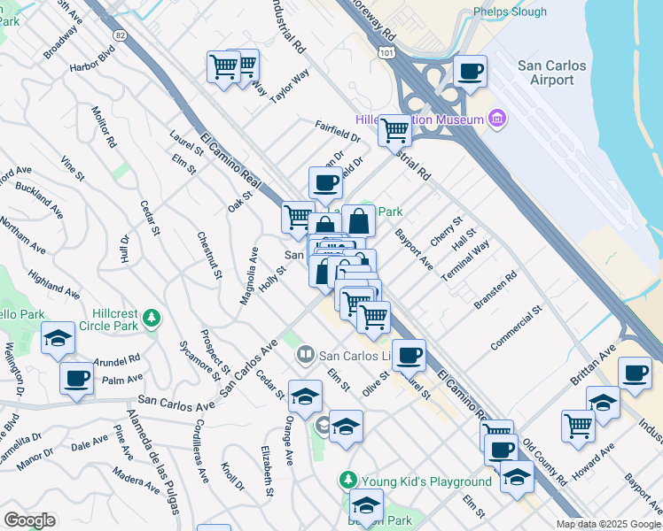 map of restaurants, bars, coffee shops, grocery stores, and more near 560 El Camino Real in San Carlos