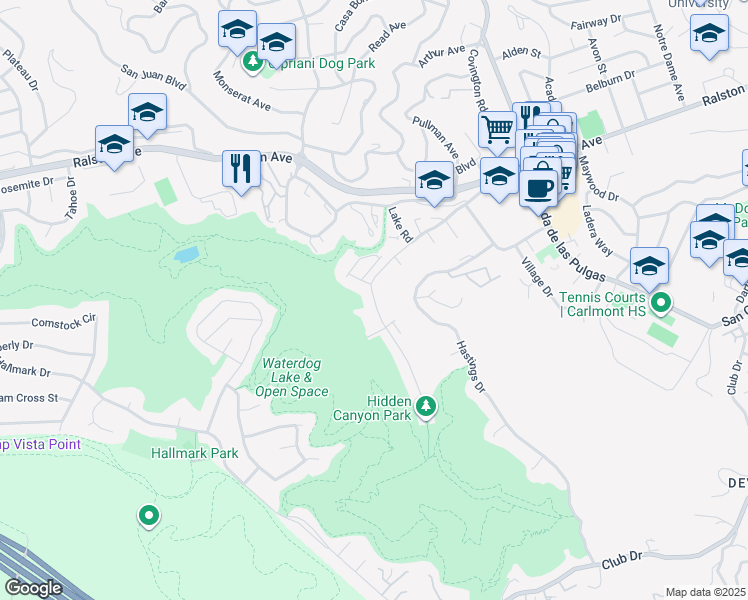 map of restaurants, bars, coffee shops, grocery stores, and more near 2510 Carlmont Drive in Belmont