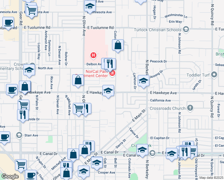 map of restaurants, bars, coffee shops, grocery stores, and more near 1069 East Hawkeye Avenue in Turlock