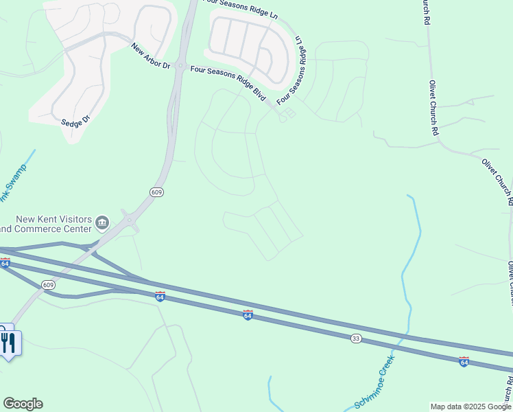 map of restaurants, bars, coffee shops, grocery stores, and more near Southamptonshire Way in New Kent