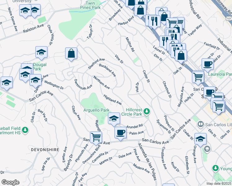 map of restaurants, bars, coffee shops, grocery stores, and more near 58 Northam Avenue in San Carlos